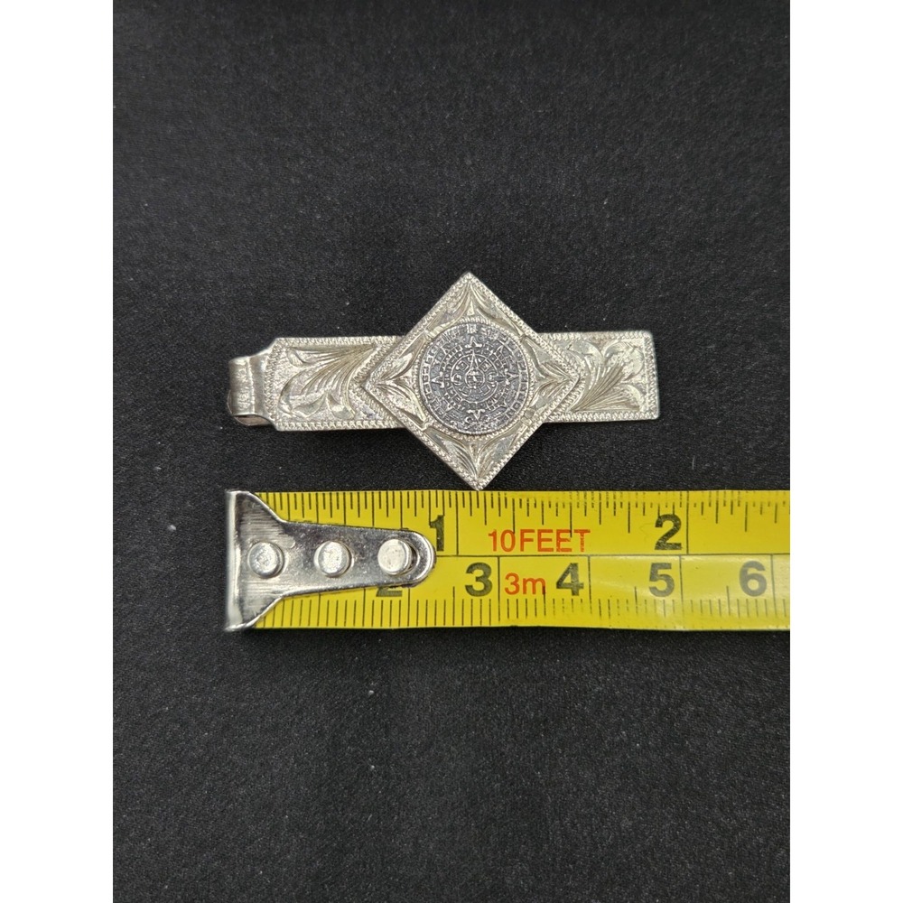 Plafina Stamped Sterling Silver Tie Clasp Scroll Pattern With Aztec Symbol - Picture 9 of 9